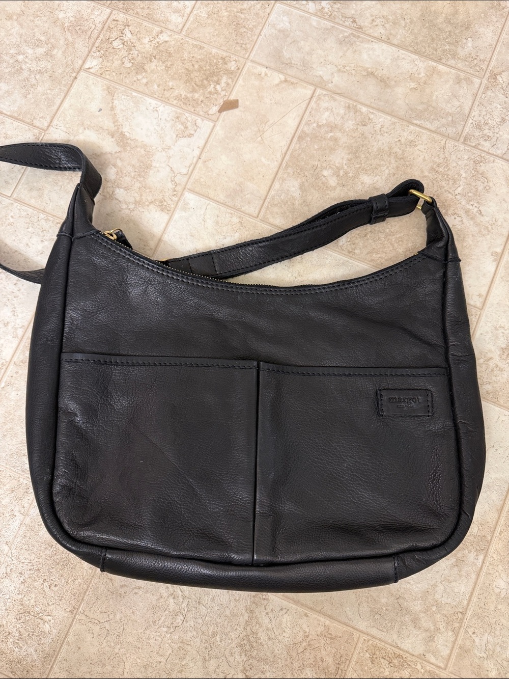 margot Black Leather Shoulder Bag with Front Patch